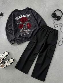 2pcs/Set Boys Outfit, Crew Neck Rose Print Sweatshirt Paired With Simple Casual Cargo Pants, Autumn/Winter New Style, Suitable For School And Daily Wear - Black - View 3