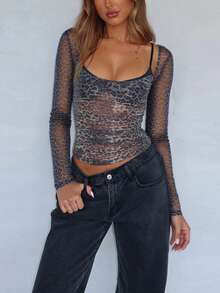 Women's Autumn Leopard Print Top With Large Scoop Neck And Long Sleeves, Suitable For Dates And Parties - Grey - View 2