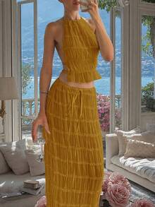 Women's Chiffon Multi-Layer Ruffled Lace Trim Camisole Backless Set, Romantic Elegant 2-Piece Set. Summer Yellow - Yellow - View 6