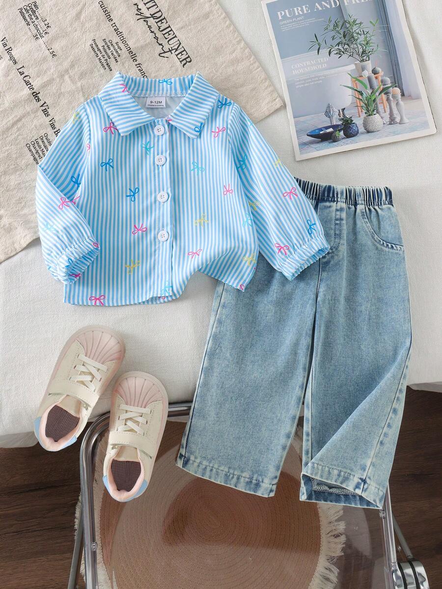 2pcs Baby Girl Casual Colorful Bow Print Striped Long Sleeve Cuffed Shirt & Back Pocket Embroidered Denim Pants Set, Thin For Spring/Autumn - Blue and White - View 1