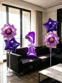 Purple Flower And Star Balloon Set - 32 Inch Number Balloon With Light Purple Bow - Suitable For Indoor/Outdoor Decoration Theme Party Supplies - Especially Suitable For Birthday Party, Baptism Party And Bachelorette Party. - Purple Flower - View 5