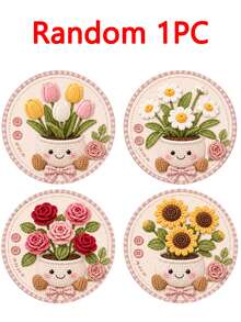 1/4/8pcs Cute Crochet Flower Wooden Coaster Set, Tulip Daisy Rose Sunflower Cartoon Potted Plant Round Drink Cup Mats, Heat Resistant Table Pad, Cottagecore Floral Home Table Decor Sweet Housewarming Gift,Table Decor - Multicolor - View 14