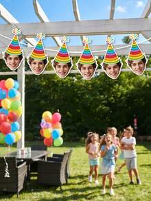 10/20/30PCS Custom Photo Rainbow Striped Party Hat Birthday Garland, Personalized Two Style Funny Party Hat Banner, Photograph Backdrop,Funny Rainbow Theme Birthday Party Decor,Keepsake Gift - Multicolor - View 5