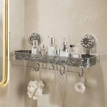 1 pieza Estante de baño rectangular con ventosa, organizador de baño transparente montado en la pared sin taladro, gran capacidad con ganchos, drenaje rápido, a prueba de humedad, ideal para baño, lavabo, caja de almacenamiento de cocina - Multicolor - Ver 11