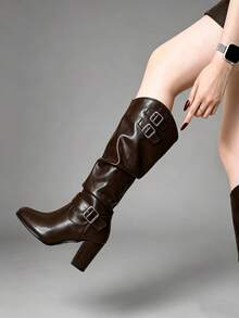 Women's Brown Round Toe Chunky High Heel Fashion Tall Boots, Solid Color Western Style With Buckle, Suitable For Vacation, Office, Autumn/Winter - Rust Brown - View 6