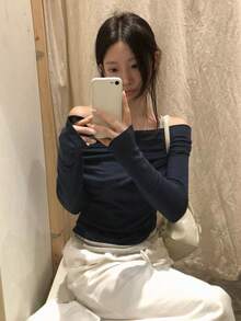 女款韓式簡約 2 合 1 百褶長袖 T 恤休閒款 - 藏青色 - 查看 1