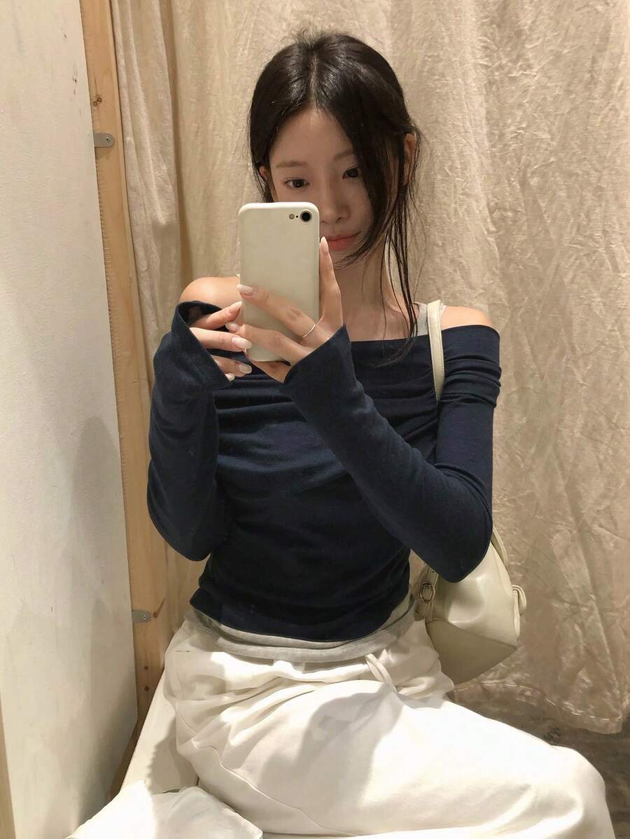 女款韓式簡約 2 合 1 百褶長袖 T 恤休閒款 - 藏青色 - 查看 1
