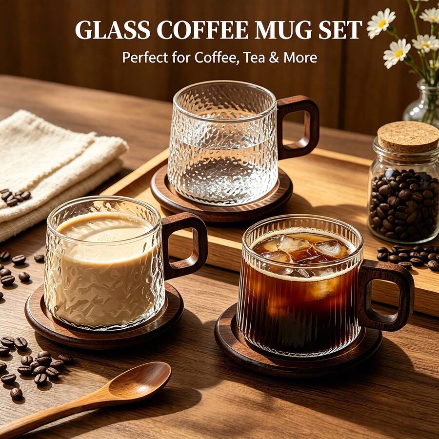 Glass Coffee Mugs Set With Wooden Coasters, Borosilicate Coffee Cups With Wooden Handle, Aesthetic Ribbed Hammered Wavy Embossed Tumblers For Home Kitchen Coffee Bar - Transparent a - View 1