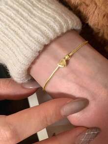 BALMORA 1pc 925 Sterling Silver Heart-Shaped Bead Bracelet, Minimalist Snake Chain Design, Suitable For Women's Fashion Daily Wear, Can Be Given As A Gift To Friends - Gold - View 5