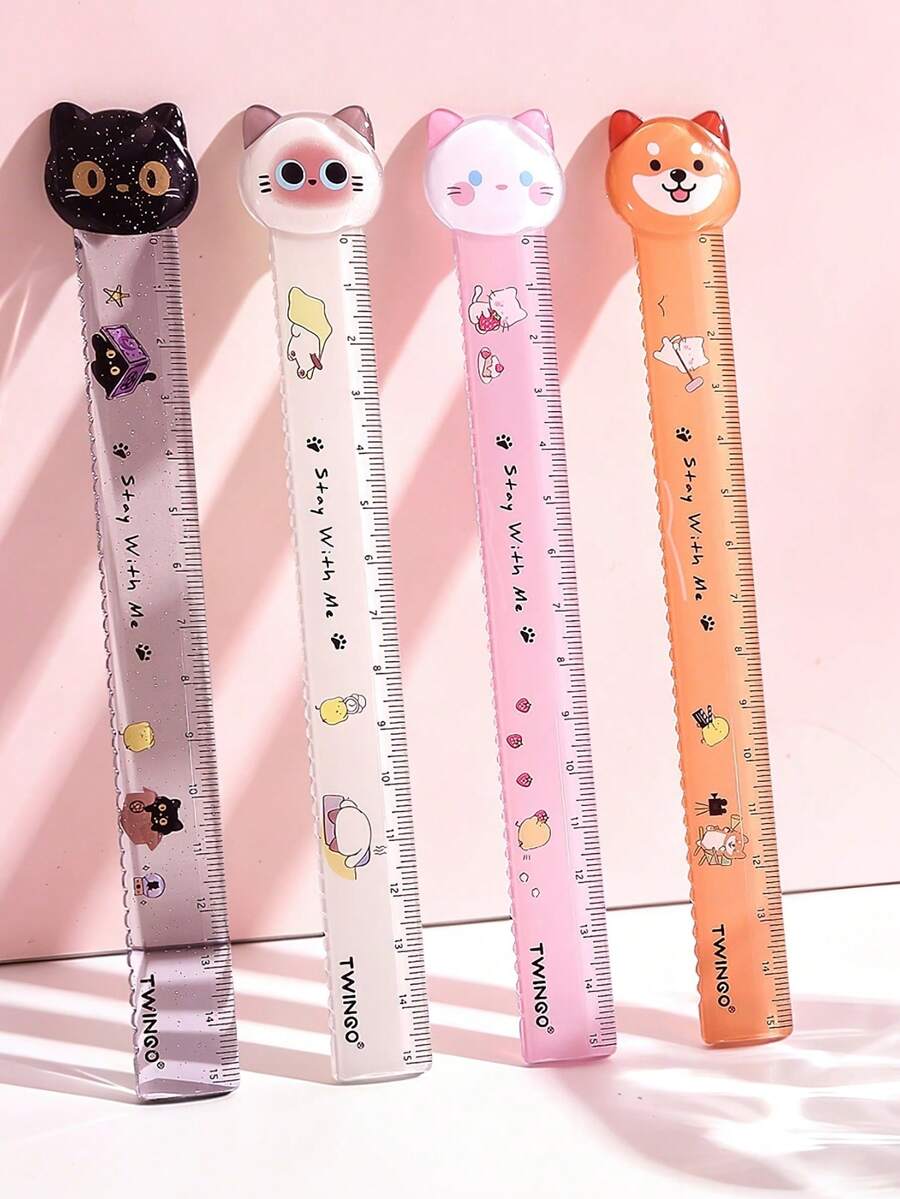 1 buah/4/8 buah Penggaris Kucing Kawaii, Penggaris Pengukur Plastik Transparan 15cm dengan Tepi Garis Bergelombang, Untuk Dekorasi Batas Jurnal, Bagian Belakang, Hari Pertama Sekolah - MultiWarna - View 1