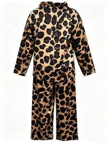 Dreamivo Conjunto de 2 piezas para mujer talla grande con cárdigan de manga larga de satén con estampado de leopardo y cuello en V profundo + pantalones de pierna ligeramente ancha con ribete de contraste azul - Multicolor - Ver 7