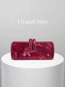 Acrylic Evening Clutch Bag, Box Design Rabbit Tooth Clasp, Marble Print Handbag, Fashionable Chain Crossbody Bag For Wedding Party Prom Formal Event - Burgundy - View 2
