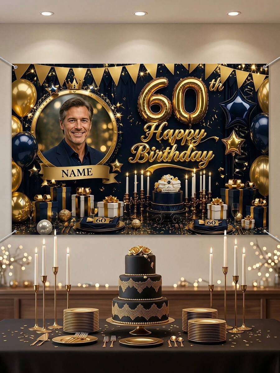 Personalized Black & Gold Happy Birthday Backdrop, Custom Photo And Name Poster For Party Decorations, Birthday Gifts, Gallery Decor, Photo Booth Props, Reusable Unique Background Photography Display, Ideal Gift For Him, Aesthetic Birthday Display
