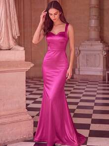 Basrey Elegant Solid Color Sleeveless Mermaid Tail Bridesmaid Dress Wedding Spring - Hot Pink - View 4