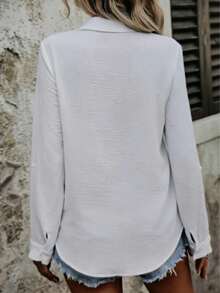 Women's White Long Sleeve Button-Front Polyester Shirt, Casual Regular Length Blouse, Shirt Collar, Suitable For Autumn Daily Wear - White - View 4