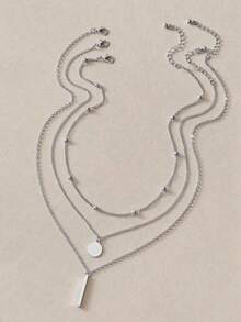 3pcs Fashion Versatile Round Pendant Necklace - Silver - View 3