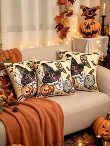 1pc Black Halloween Skull Print Pillowcase, Holiday Decorative Square Cushion Cover, Cute Cartoon Skull Bat Spider Web Pattern Design, Suitable For Autumn Festival Party Occasions Decorative Cushion Cover, Indoor Window Sill Patio Party Seasonal Decoration, No Filling Included - Multicolor - View 2
