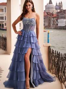 Romantic Ball Gown Strapless Tulle Women's Gown For Wedding Prom Evening Party - Purple - View 4