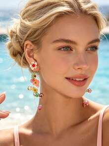 1 par de pendientes elegantes y dulces con borlas florales de colores, adecuados para vacaciones y viajes de mujeres - vistoso - Ver 3
