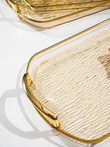 1PC-Gold Thickened Transparent PET Rectangular Dining Tray, Thickened PET Rectangular Tea Cup Coffee Cup Water Cup Dining Double Handle Transparent Glacier Pattern Tray, Durable - Perfect For Home Living Room Decor, Weddings And Parties - Transparent Gold - View 9