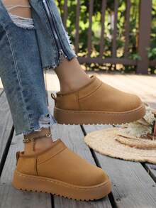 Dicke Sohle Schneestiefel Winter Leder Fellfutter Fleece Verdickt Warm Lässig Mode Pendeln Vielseitig Winterschuhe Schneestiefel Hauskleidung - Kamelfarben - Übersicht 2