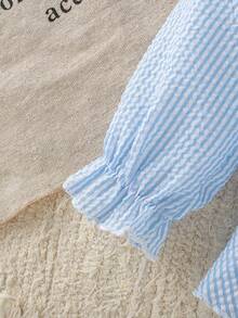 Body a rayas para bebé niña de otoño/invierno con mangas volantes y lazo grande, conjunto versátil para salir para bebés y niños pequeños, incluye sombrero para el sol, regalo de vacaciones de primavera/otoño para recién nacidos - Celeste - Ver 8