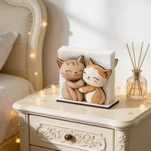 Cute Hugging Couple Cats Wooden Napkin Holder, Vertical Decorative Paper Towel Storage Box, Cartoon Kitten Tissue Holder, Suitable For Kitchen, Dining Table, Desktop Home Decor - View 3