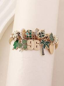 1pc Saudi Arabia 96th National Day Commemorative Green Palm Tree 96 Number Clover Pendant Beaded Bracelet Multi-Element DIY Bangle Suitable For Women Daily Holiday Celebration Party Wear - Green - View 8