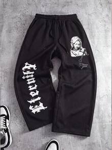 MAISONFOX Men's Black Loose Drawstring Wide Leg Sweatpants, Vertical Gothic Letter & Vintage Portrait Print, Pockets Streetwear Long Pants - Black - View 3