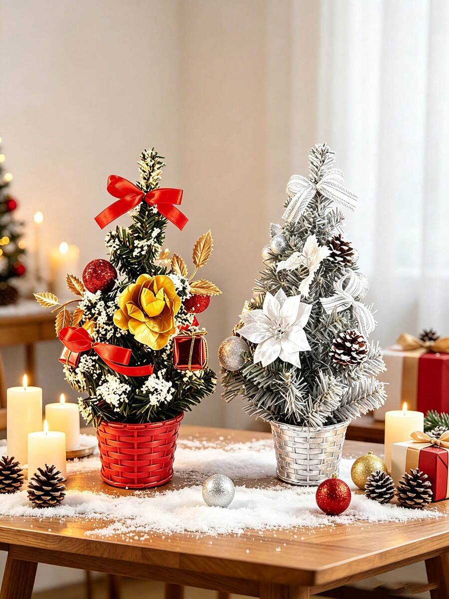 1PC Mini Artificial Christmas Tree, Multi-Style Tabletop Xmas Ornament With Bow Pinecone Flower Ball Decorations, Small Desktop Pine Tree For Indoor Home Window Yard Outdoor Landscape Christmas Party Table Decor & Perfect Xmas Holiday Gift Supplies