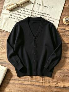 Boys' Basic Solid Color Knit Cardigan, V-Neck Button Long Sleeve Lightweight Jacket, Suitable For Autumn/Winter - Black - View 3
