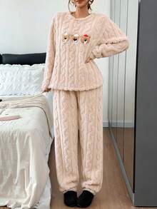 Dreamivo 2pcs/Set Piyama Musim Dingin Wanita Motif Beruang Lucu Bordir Tebal Lengan Panjang Celana Panjang Bahan Fleece - Aprikot - View 6