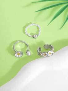 3 piezas/Set Anillos de Perla Margarita para Mujeres, Estilo Mori Minimalista Dulce y Fresco, Anillo Abierto de Diseño de Nicho Apilable para el Dedo Índice - Multicolor - Ver 2