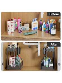 1/2pcs 2-Tier Black/White Under Sink Storage Organizer Rack, Sliding Drawer Multi-Function Storage Shelf, Bathroom Kitchen Under Sink Storage Rack - Multicolor - View 4