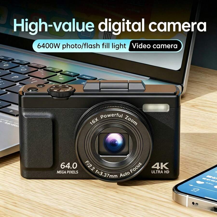 True 4K 數位相機 64MP 插值 13MP 實際像素，180° 可翻轉螢幕，16倍數位變焦 防震 Vlog 相機，附補光燈、人臉偵測與美顏功能 - 1200mAh 電池