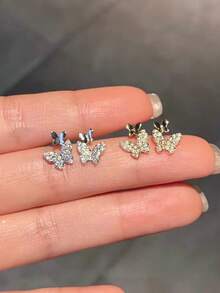 2對蝴蝶金+銀耳釘耳環套組，優雅學生銀色耳環，極簡迷你小耳環 - 金+銀 兩對裝 - 查看 7