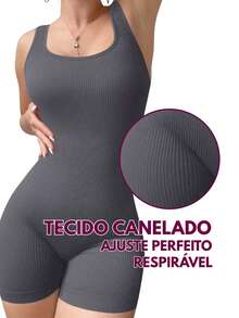 Women's Ribbed Fitness Romper Gym Workout Bodysuit - 玫紅色 - 查看 4