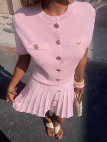 FOR BEAUTY Spring/Summer Women's Pink Round Neck Short Sleeve Knit Top With Pleated Skirt, Elegant Two Pieces Knit Set,Suitable For Parties And Dates - Pink - View 8