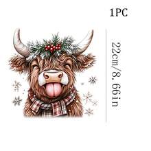1/2/3pcs Christmas Highland Cow Heat Transfer Sticker, Long-Haired Yak With Tongue Out, Pine Branch Red Berry Wreath, Red And White Plaid Scarf, Snowflake And Snow Elements, Cozy Winter Cartoon Christmas DIY Print, Suitable For T-Shirts, Sweatshirts, Canvas Bags - Multicolor - View 3