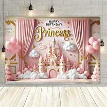 1pc Charming Pink Princess Castle Birthday Party Backdrop Banner, Suitable As A Photo Background Or Cake Table Decoration, For Birthdays, Parties, Celebrations, And Indoor Or Outdoor Garden Party Decorations - Multicolor - View 6