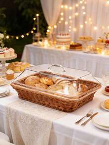 1pcs Imitation Rattan Bread Baskets,13.8''x9.8'' Large Wicker Bread Baskets With Acrylic Lids,Tabletop Food Serving Basket, Fruit Tray, Rattan Food Serving Tray For Kitchens,Dining,Restaurants - 卡其色 - 查看 11