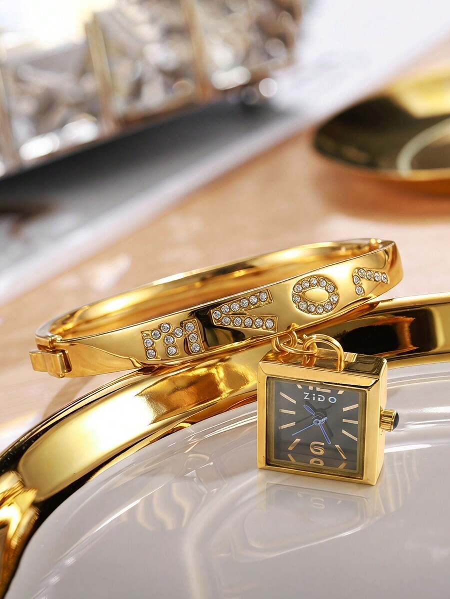 LIANDU LIANDU Women's Personalized Fashion Rhinestone Bracelet Watch, Square Mixed Dial Quartz Watch With Electronic Drive And Pointer Display, Suitable For Daily Wear, Back To School, Time Checking, Birthday Gift, Also An Ideal Choice For Friends