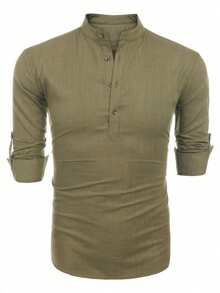 Men's Cotton Linen Long-Sleeved Shirt - Army Green - View 5