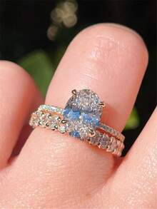2PCS Luxury Elegant Style Alloy Inlaid Cubic Zirconia Ring Set, European And American Women's Fashion Engagement Wedding Gift High-End Jewelry Accessory, Niche Design Jewelry - Gold - View 2