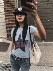 Y2K Retro Short Sleeve Slim Fit Flattering Flag Print Cropped Top For Women - Baby Blue - View 1