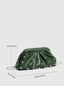Vintage-Style Pleated Clutch With Rivet Decoration, Ruffled, Cloud-Patterned Beach Bag For Women, Fashionable Clutch Handbag With Chain Strap - 綠色 - 查看 8