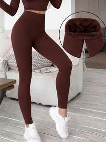 FLEECED LEGGINGS, WOMEN'S FLANNEL-LINED LEGGINGS WITH IDEAL WAIST FOR PILATES, GYM, AND DAILY ACTIVITIES - Rust Brown - View 1