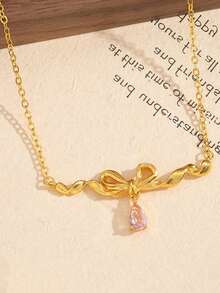 Shescity 1pc Pink Diamond Princess Silk Ribbon Bow Necklace, Luxury Fashion Girly Style, Rhinestone Inlaid Brushed Bow Pendant For Women - Gold - View 2