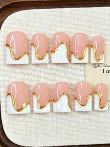10pcs Y2K Square Nail Sticker Set, Handmade Pink & White French Press-On Nails, Hand-Painted Asymmetrical French Edge With 3D Gold Pattern, Exquisite Glossy Elegant Fake Nails, Suitable For Party & Daily Wear, Women & Girls Holiday Gift - Multicolor - View 7