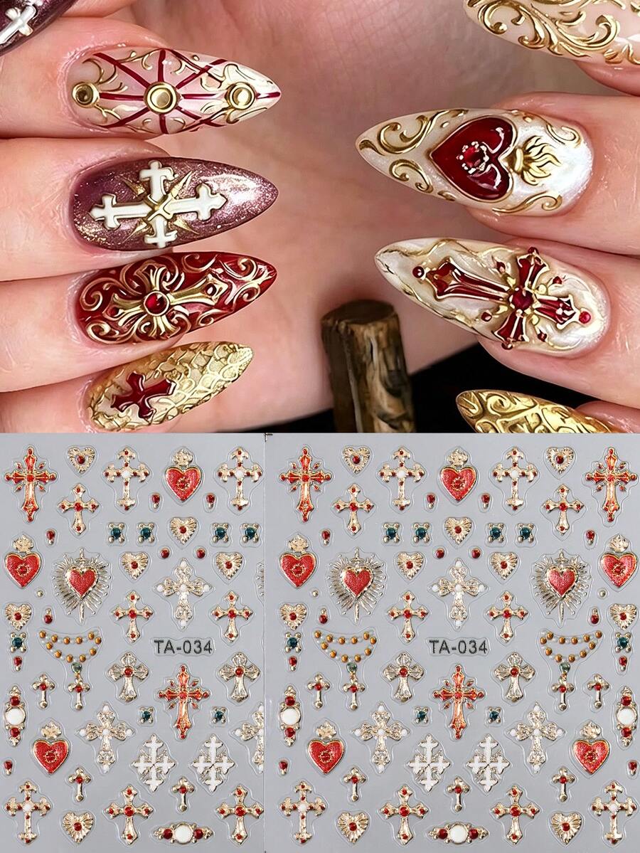 Vintage Baroque Metallic Cross Sacred Heart Nail Stickers, Embossed 3D Self-Adhesive Nail Decals With Shiny Gold Outline & Vivid Red Heart Cross Motifs, Perfect For Luxury Gothic Retro Manicure, Professional Salon Beginner DIY Nail Supplies - Multicolor - View 1